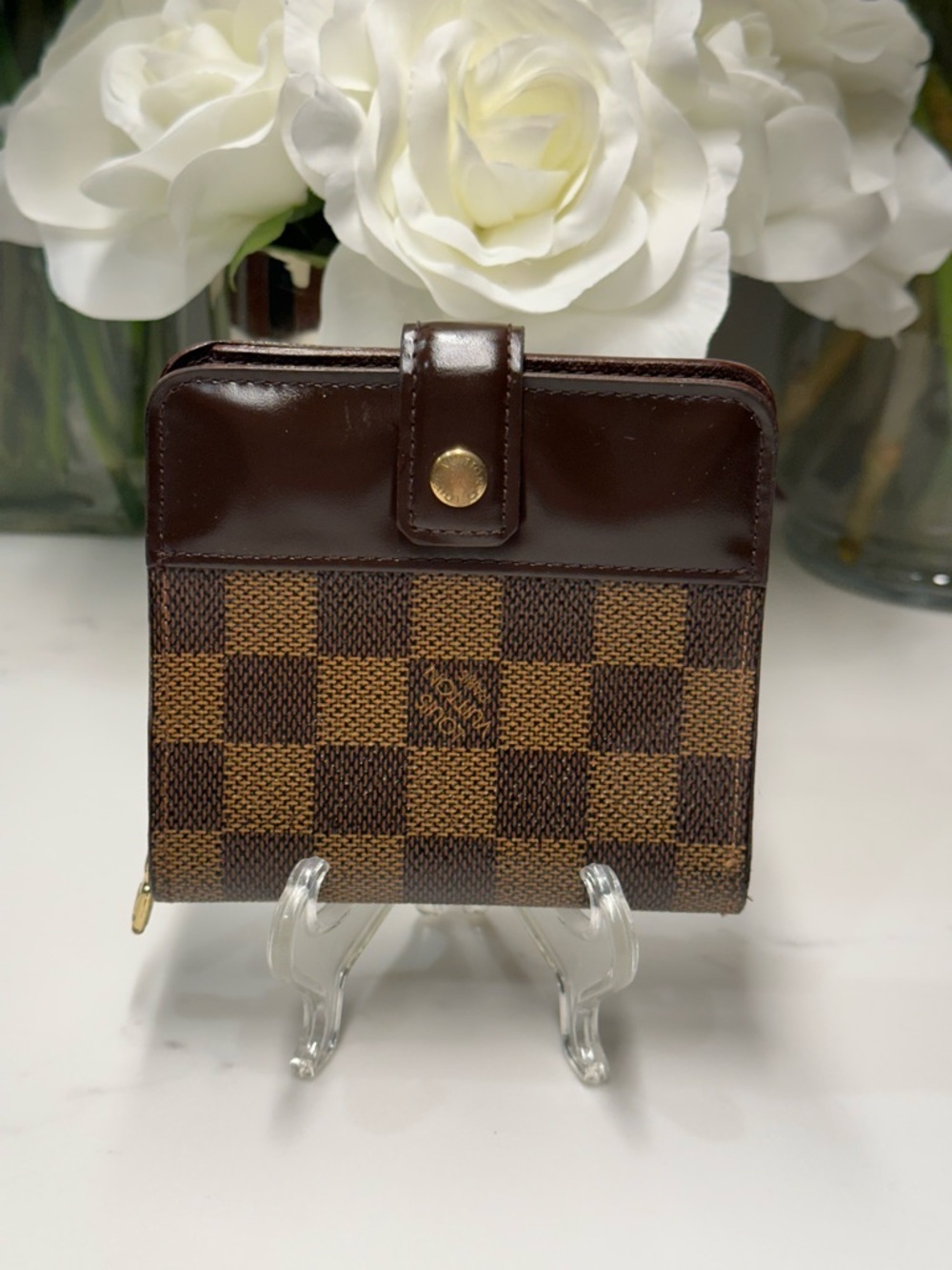 Louis Vuitton Damier Ebene Wallet w/ Gold-Tone Hardware + LV Dust Bag + COA